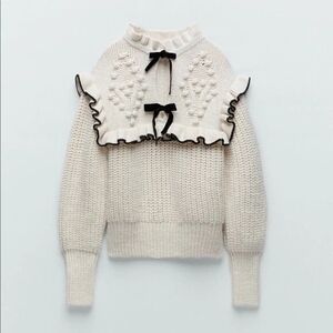 Zara Cream Sweater with Black Ruffle Detail
